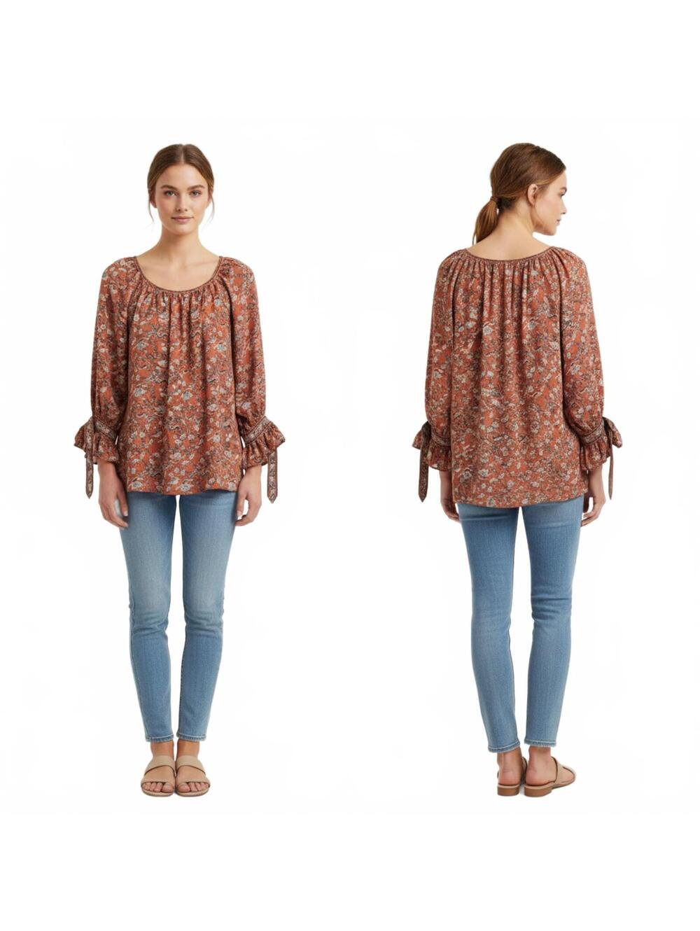 Max Studio Terracotta Floral Blouse with Tie Sleeves - Picture 2 of 8